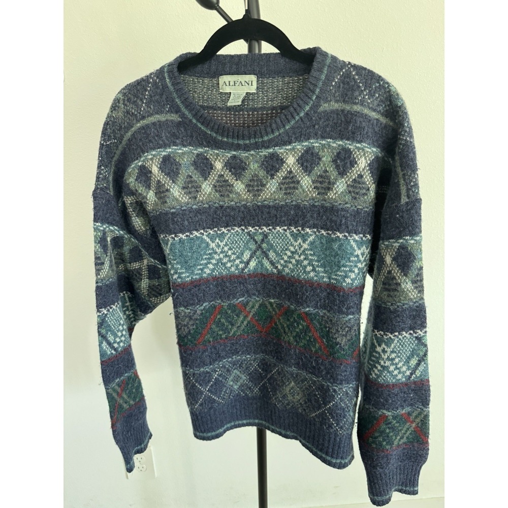 Vintage Alfani Mens Alpaca Blend Grandpa Sweater Size L Blue Southwestern Aztec